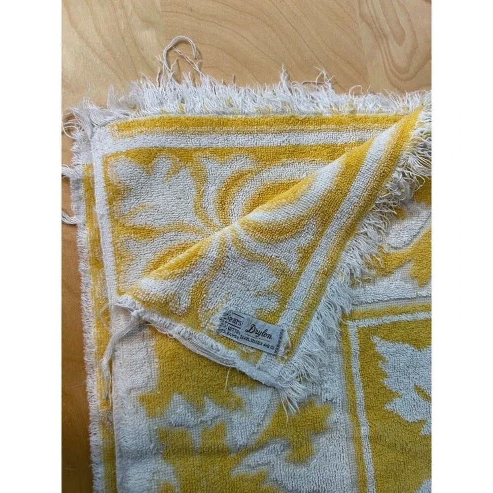 Vtg Sears Drylon Fringed Bath Towel Jacobean Print Golden Yellow Repurpose Craft